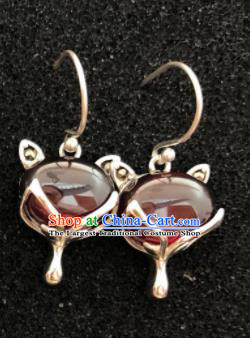 Traditional Chinese Mongol Nationality Garnet Fox Ear Accessories Mongolian Ethnic Sliver Earrings for Women