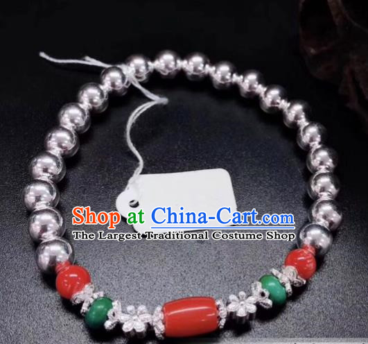 Traditional Chinese Mongol Nationality Ruby Bracelet Accessories Mongolian Ethnic Sliver Bangle for Women