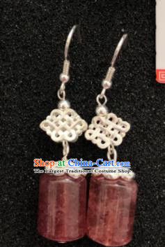 Traditional Chinese Mongol Nationality Rose Chalcedony Ear Accessories Mongolian Ethnic Sliver Earrings for Women