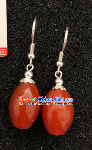 Traditional Chinese Mongol Nationality Agate Ear Accessories Mongolian Ethnic Sliver Earrings for Women