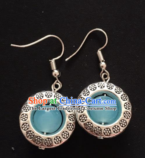 Chinese Mongol Nationality Blue Ball Ear Accessories Traditional Mongolian Ethnic Sliver Earrings for Women
