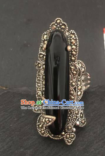 Traditional Chinese Mongol Nationality Black Chalcedony Ring Mongolian Ethnic Accessories for Women