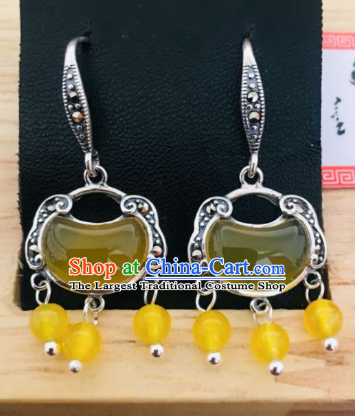 Chinese Mongol Nationality Yellow Chalcedony Tassel Earrings Traditional Mongolian Ethnic Ear Accessories for Women