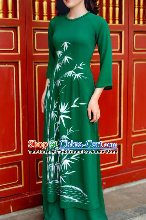 Vietnam Traditional National Printing Bamboo Green Ao Dai Dress Asian Vietnamese Cheongsam for Women
