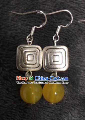 Chinese Traditional Mongol Nationality Yellow Sliver Earrings Mongolian Ethnic Ear Accessories for Women