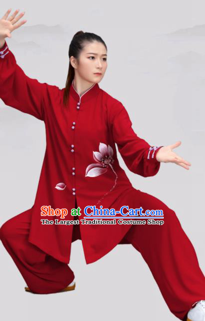 Chinese Traditional Martial Arts Red Costume Tai Ji Kung Fu Printing Lotus Clothing for Women