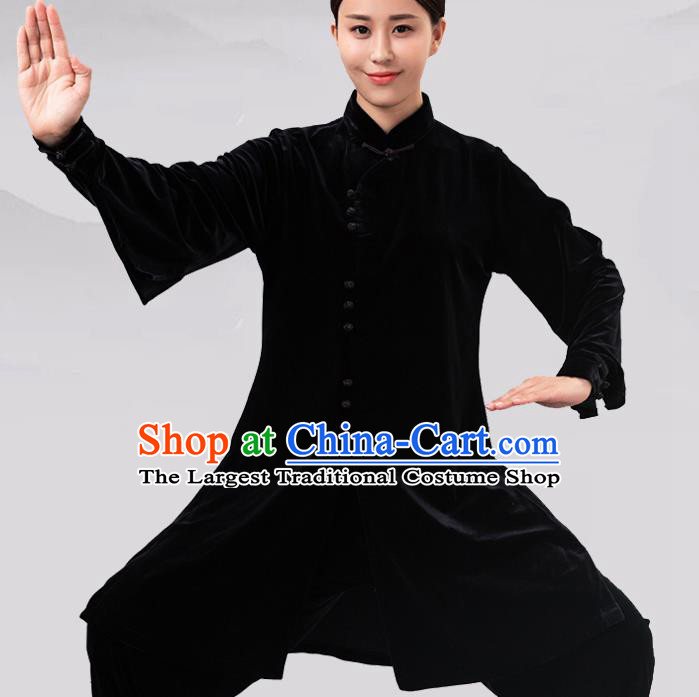 Traditional Chinese Martial Arts Competition Black Velvet Costume Tai Ji Kung Fu Training Clothing for Women