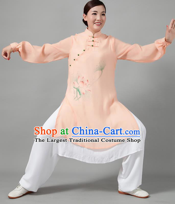 Traditional Chinese Martial Arts Printing Lotus Orange Costume Tai Ji Kung Fu Competition Clothing for Women