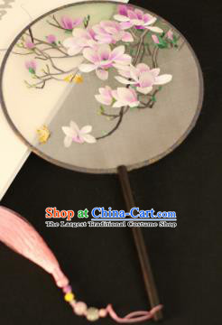 Chinese Traditional Embroidered Pink Magnolia Round Fans Classical Hanfu Palace Fans for Women