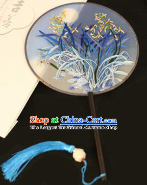 Chinese Traditional Embroidered Blue Orchid Round Fans Classical Hanfu Palace Fans for Women
