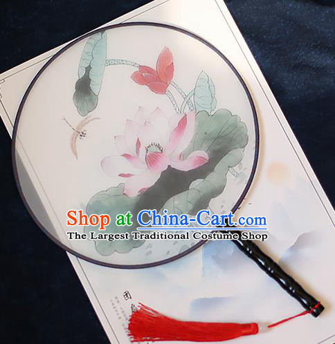 Chinese Traditional Printing Dragonfly Lotus Silk Round Fans Handmade Classical Palace Fans for Women