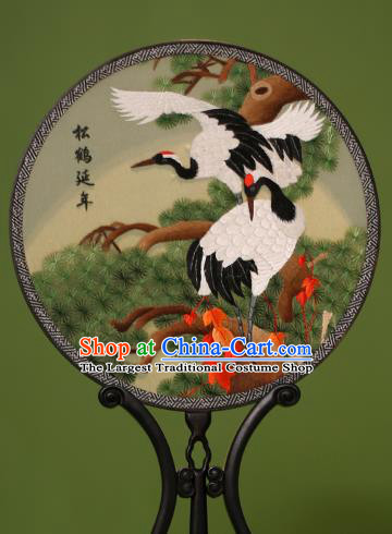 Chinese Traditional Handmade Embroidered Pine Cranes Silk Round Fans Classical Palace Fans for Women