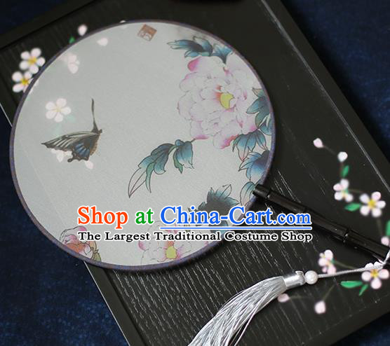 Chinese Traditional Printing Peony Butterfly Silk Round Fans Classical Hanfu Palace Fans for Women