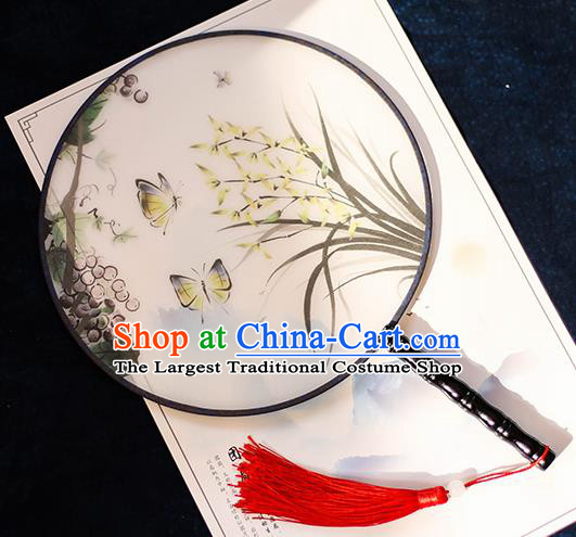 Chinese Traditional Printing Grape Orchid Silk Round Fans Handmade Classical Palace Fans for Women