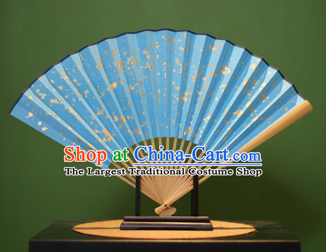 Chinese Traditional Handmade Xuan Paper Fans Classical Blue Folding Fans for Men
