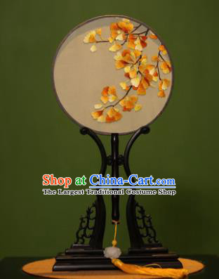 Handmade Chinese Traditional Double Side Silk Round Fan Classical Embroidered Ginkgo Leaf Palace Fans for Women