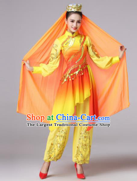 Chinese Traditional Ethnic Princess Costume Uyghur Nationality Folk Dance Yellow Clothing for Women