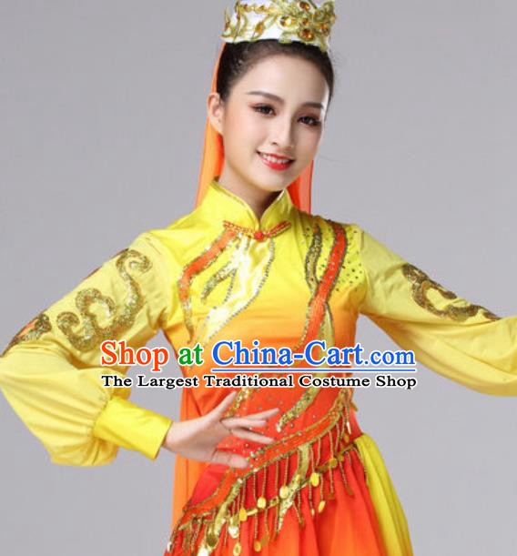 Chinese Traditional Ethnic Princess Costume Uyghur Nationality Folk Dance Yellow Clothing for Women