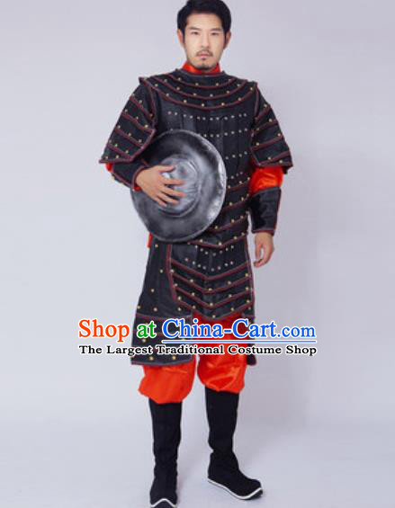 Chinese Ancient Drama Costume Yuan Dynasty General Black Helmet and Armour Complete Set for Men