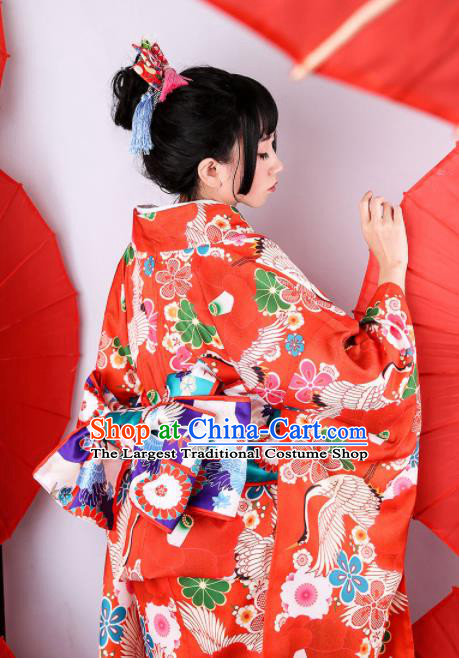 Japanese Traditional Handmade Printing Furisode Kimono Dress Asian Japan Geisha Red Yukata Costume for Women