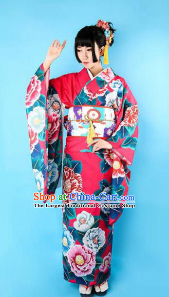 Japanese Traditional Handmade Printing Peony Furisode Kimono Dress Asian Japan Geisha Rosy Yukata Costume for Women