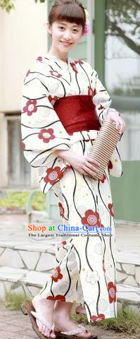 Japanese Traditional Handmade Printing White Kimono Dress Asian Japan Geisha Yukata Costume for Women