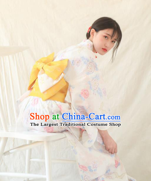 Japanese Traditional Handmade Printing Roses Furisode Kimono White Dress Asian Japan Geisha Yukata Costume for Women