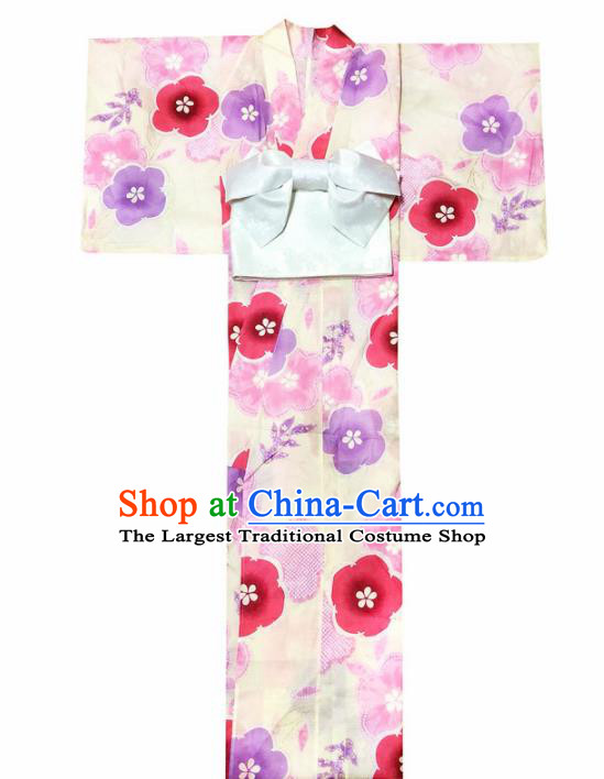 Japanese Traditional Handmade Printing Yellow Kimono Dress Asian Japan Geisha Yukata Costume for Women