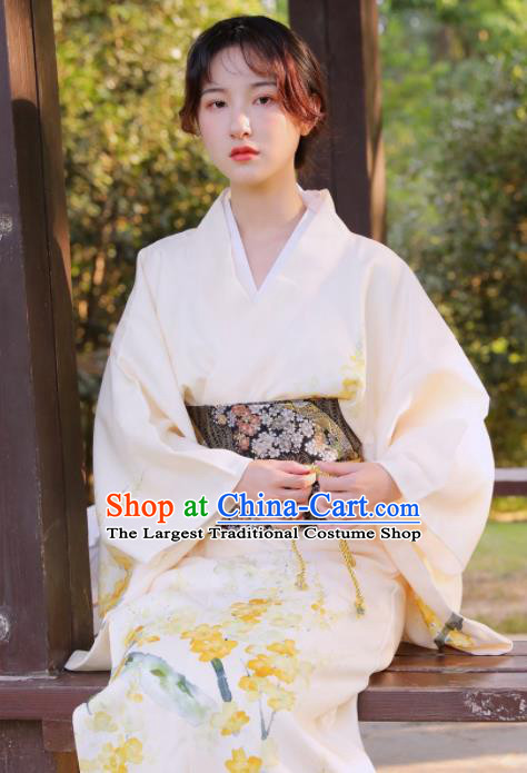 Handmade Japanese Geisha Printing Beige Furisode Kimono Dress Asian Japan Traditional Yukata Costume for Women