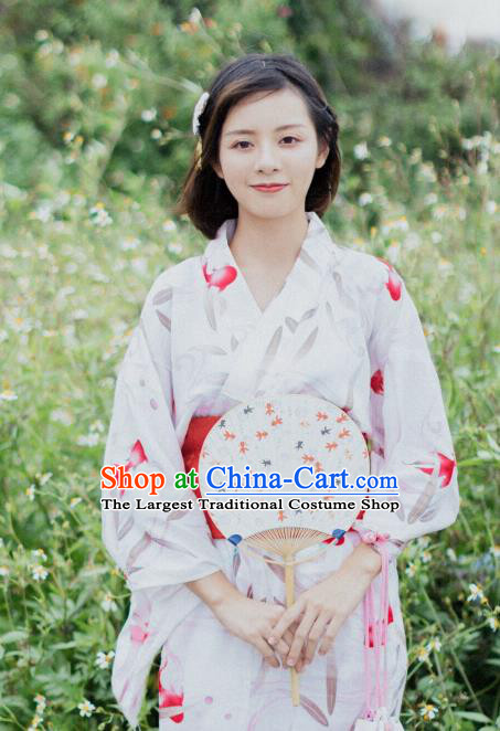 Handmade Japanese Geisha Printing Goldfish White Furisode Kimono Dress Asian Japan Traditional Yukata Costume for Women