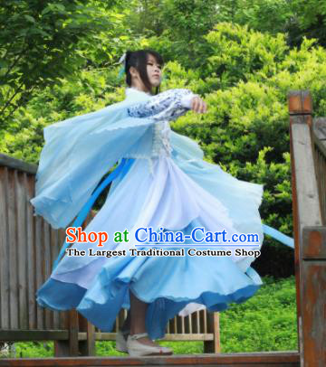 Chinese Traditional Cosplay Peri Princess Costume Ancient Swordswoman Blue Hanfu Dress for Women