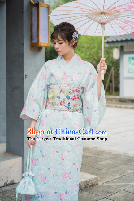 Handmade Japanese Traditional Costume Geisha Light Blue Furisode Kimono Dress Asian Japan Yukata for Women