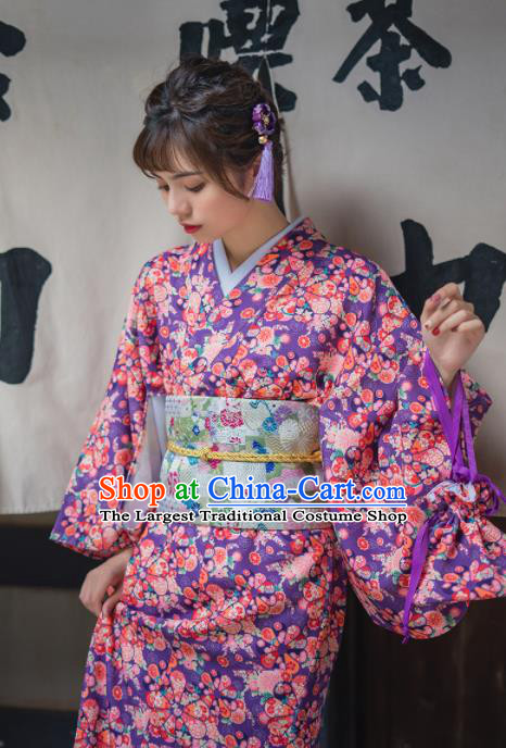 Handmade Japanese Traditional Costume Purple Furisode Kimono Dress Asian Japan Yukata for Women