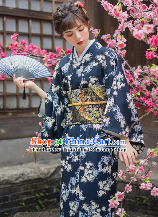 Handmade Japanese Traditional Costume Printing Navy Furisode Kimono Dress Asian Japan Yukata for Women
