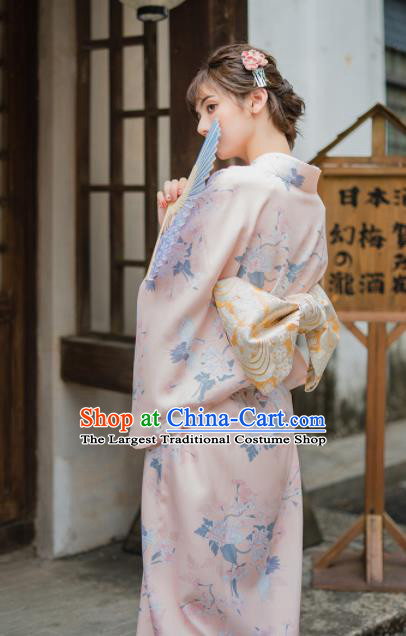 Handmade Japanese Traditional Costume Printing Pink Furisode Kimono Dress Asian Japan Yukata for Women