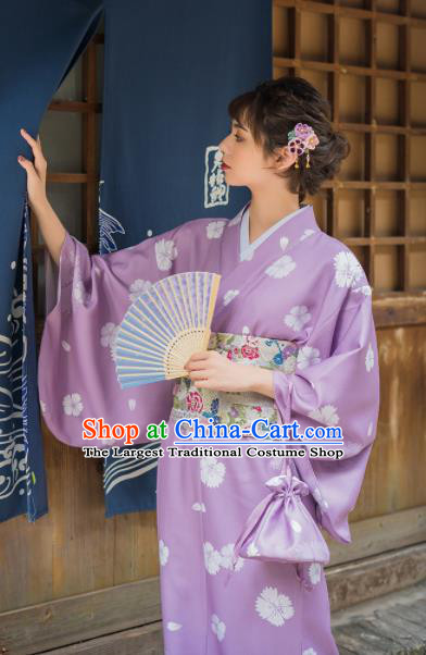 Handmade Japanese Traditional Costume Printing Violet Furisode Kimono Dress Asian Japan Yukata for Women