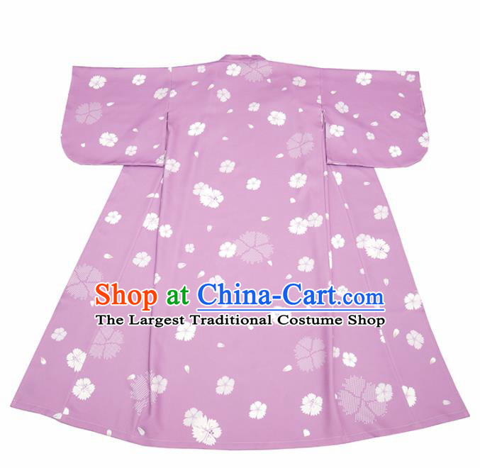 Handmade Japanese Traditional Costume Printing Violet Furisode Kimono Dress Asian Japan Yukata for Women