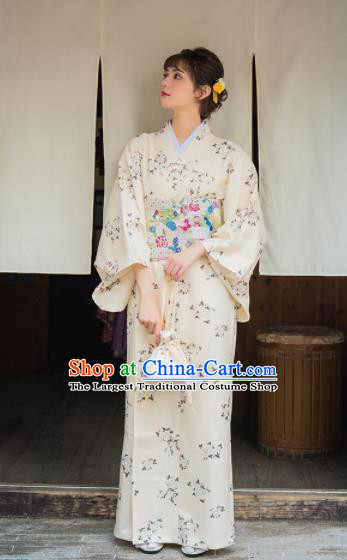 Handmade Japanese Traditional Costume Printing White Furisode Kimono Dress Asian Japan Yukata for Women