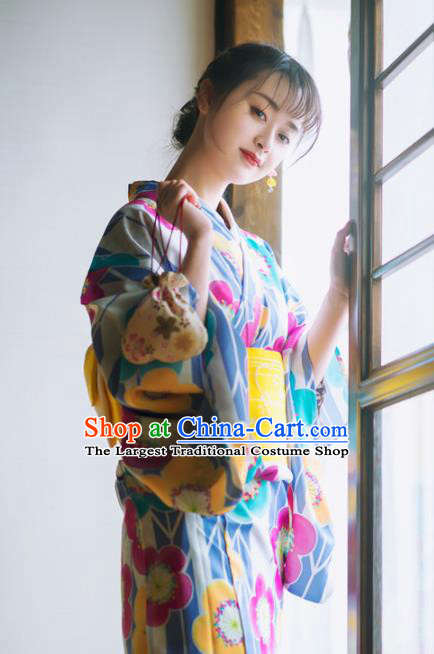 Japanese Traditional Costume Geisha Blue Furisode Kimono Dress Asian Japan Yukata for Women