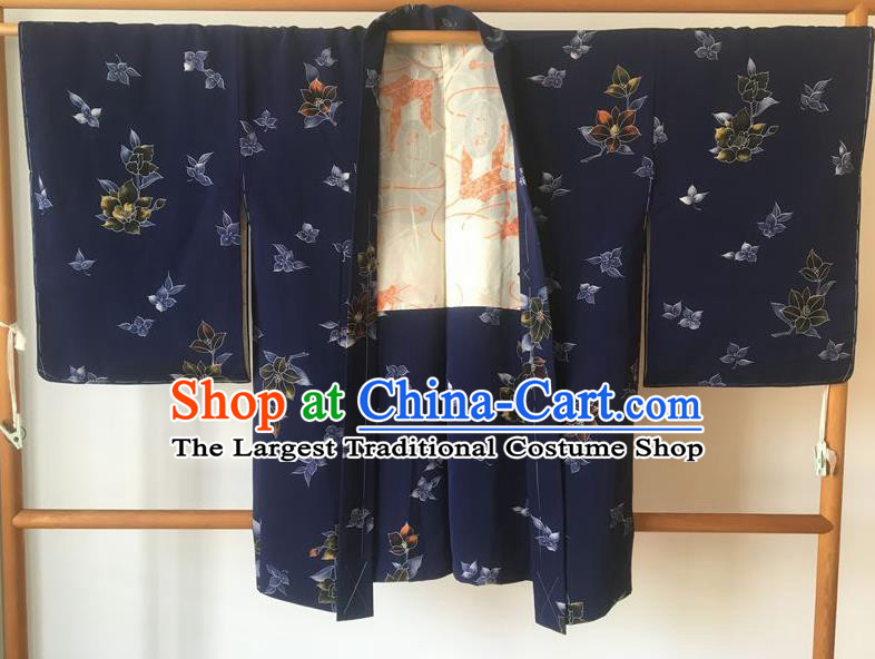 Traditional Japanese Samurai Kimono Printing Navy Haori Coat Asian Japan Handmade Warrior Yukata Costume for Men