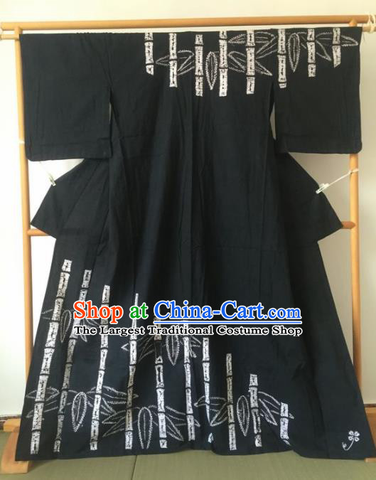 Japanese Traditional Printing Bamboo Black Furisode Kimono Asian Japan Geisha Yukata Dress Costume for Women