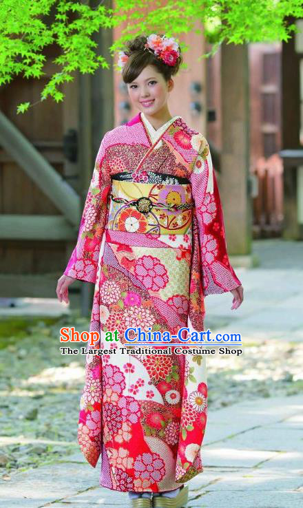 Japanese Traditional Printing Rosy Furisode Kimono Asian Japan Costume Geisha Yukata Dress for Women