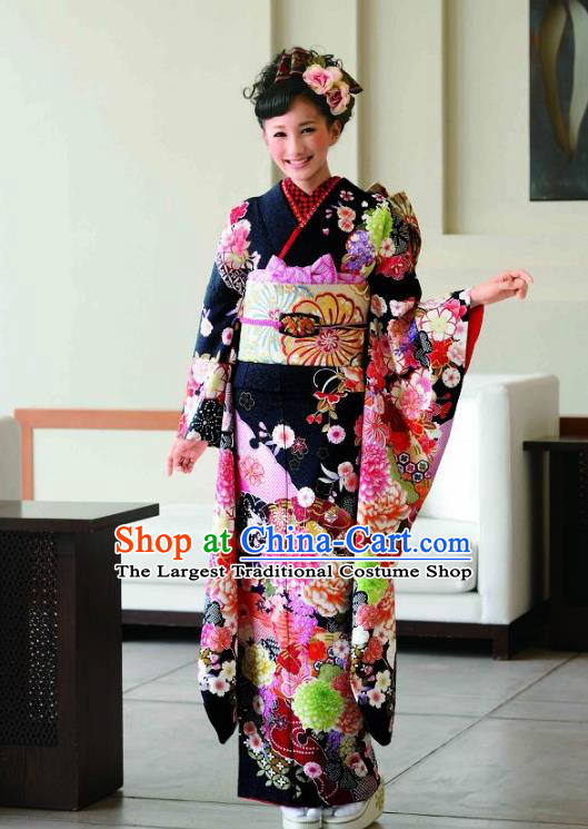 Japanese Traditional Printing Chrysanthemum Iromuji Black Furisode Kimono Asian Japan Costume Geisha Yukata Dress for Women
