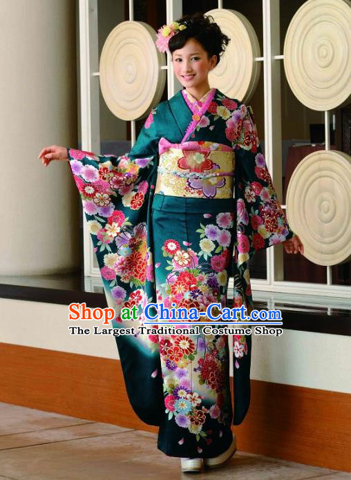 Japanese Traditional Printing Peony Iromuji Deep Green Furisode Kimono Asian Japan Costume Geisha Yukata Dress for Women