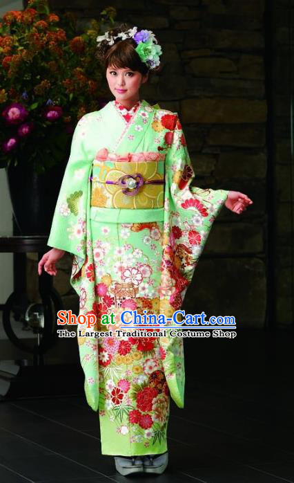 Japanese Traditional Printing Peony Iromuji Green Furisode Kimono Asian Japan Costume Geisha Yukata Dress for Women