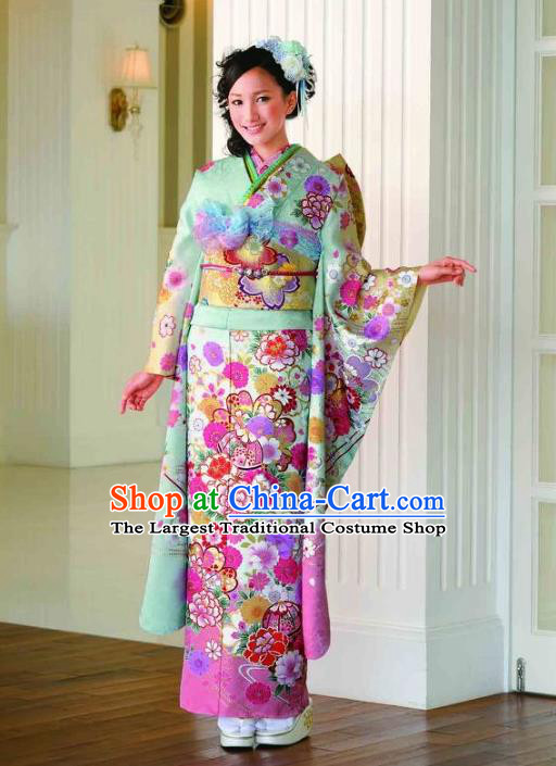 Japanese Traditional Printing Peony Iromuji Light Green Furisode Kimono Asian Japan Costume Geisha Yukata Dress for Women