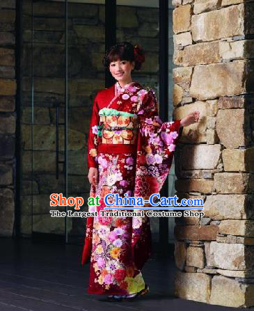 Japanese Traditional Printing Iromuji Red Furisode Kimono Asian Japan Costume Geisha Yukata Dress for Women