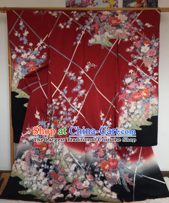 Japanese Traditional Printing Sakura Red Furisode Kimono Asian Japan Costume Geisha Yukata Dress for Women
