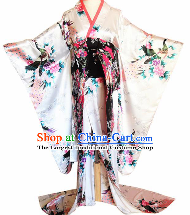 Japanese Traditional Courtesan White Furisode Kimono Asian Japan Costume Geisha Yukata Dress for Women