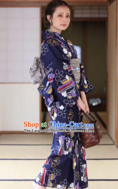 Japanese Traditional Navy Blue Kimono Asian Japan Costume Geisha Yukata Dress for Women